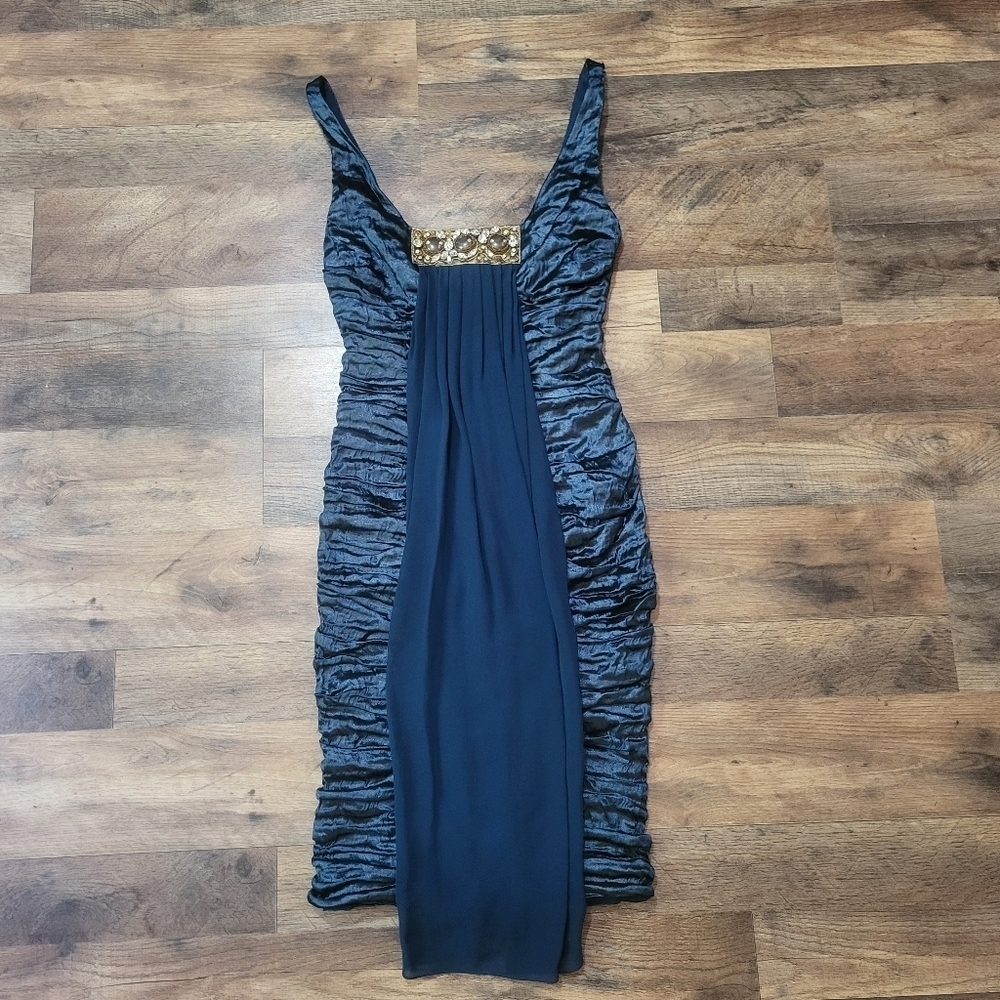 Nicole Miller Collection Ruched Drape Jewel Navy Metalic Dress Size 8